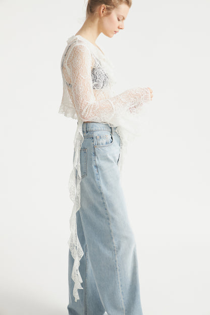 FRILL-TRIMMED LACE BLOUSE